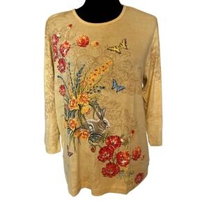 NWT Endless Designs Floral,Bunny Rabbit,Butterfly Print Yellow Shirt Size Medium